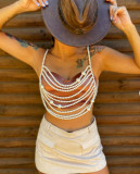 Pearl body chain tassel hollow chest chain top vest body chain