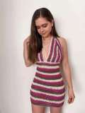 Striped contrasting hanging neck backless deep V-knit dress