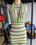 Striped contrasting hanging neck backless deep V-knit dress
