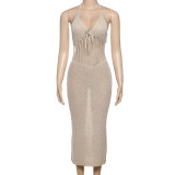Hanging neck, low cut, backless knitted hollow see through dress
