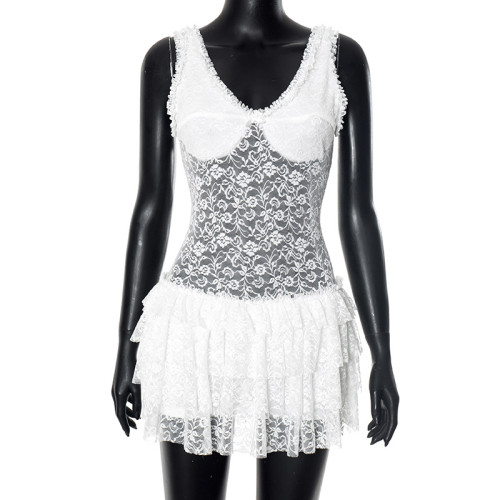 Strap transparent lace multi-layer ruffle edge dress