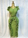 Pleated three-dimensional lotus leaf edge length dress