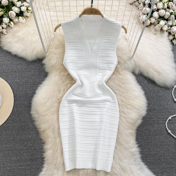 V-neck waist cinched sleeveless knit hip hugging jumpsuit