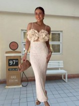 Chest flower thin suspender dress, backless, solid color, waist bag, hip skirt