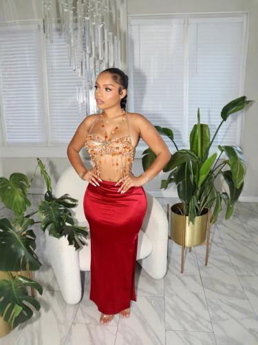 Bright hanging satin split hip skirt