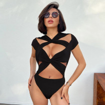 Open navel strap short sleeved cross hollow jumpsuit Open navel strap short sleeved cross hollow jumpsuit