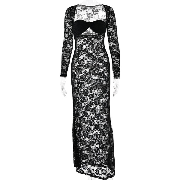 Lace see through long sleeved slim fit dress