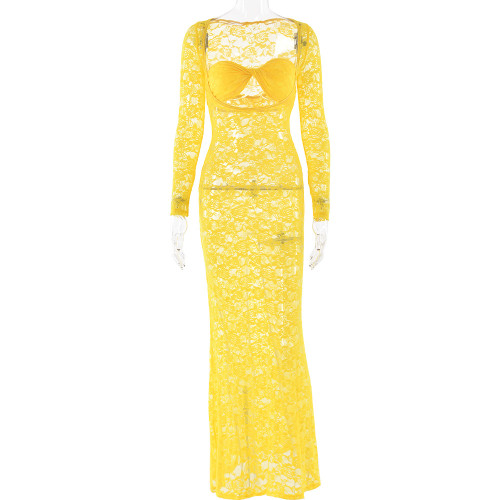 Lace see through long sleeved slim fit dress