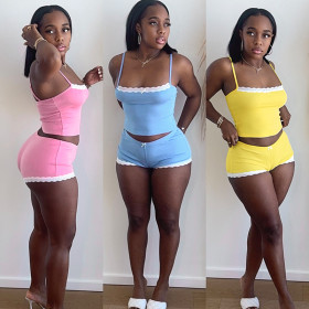 Strap, lace, bow, lace, exposed navel, low waist, hip hugging, short set