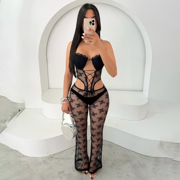 Lei ribbon padded neck strap strapless hollow waist jumpsuit
