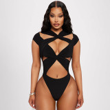 Open navel strap short sleeved cross hollow jumpsuit