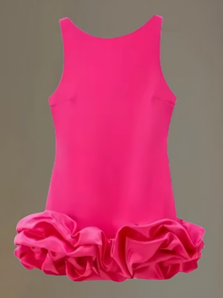 Solid color fungus edge splicing flower bud skirt sleeveless round neck shoulder strap short skirt