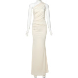 Slant shoulder single shoulder solid color dress