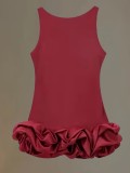 Solid color fungus edge splicing flower bud skirt sleeveless round neck shoulder strap short skirt
