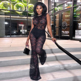 Lace see through pullover button jumpsuit high waisted flared pants set