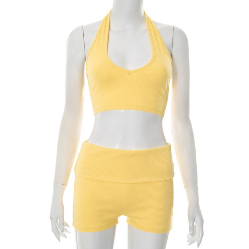 Threaded hanging neck hollow tied rope vest folding high waist short set