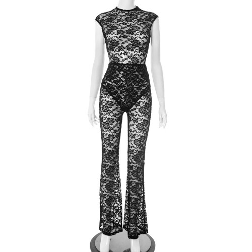 Lace see through pullover button jumpsuit high waisted flared pants set