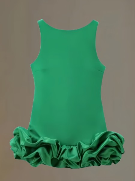 Solid color fungus edge splicing flower bud skirt sleeveless round neck shoulder strap short skirt