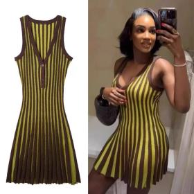 V-neck sleeveless French striped knitted short dress