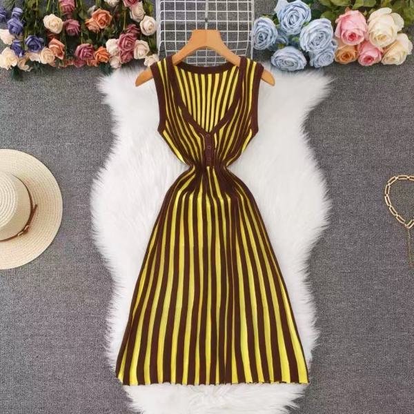 V-neck sleeveless French striped knitted short dress