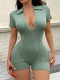 Collar deep V-neck solid color short sleeved jumpsuit