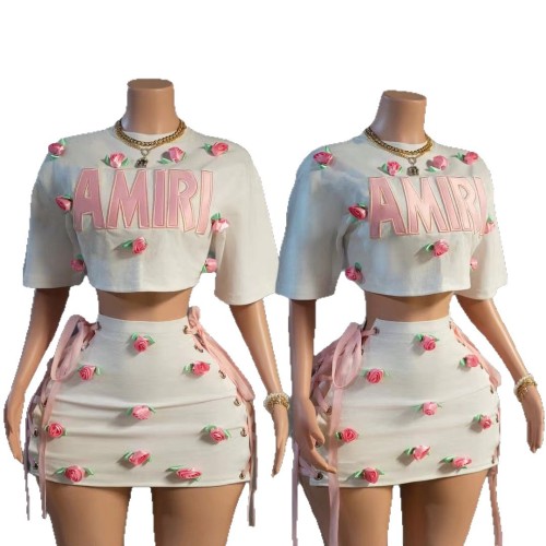 3D Rose Decorative Umbilical T-shirt Short Skirt Set