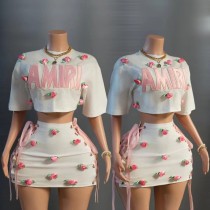 3D Rose Decorative Umbilical T-shirt Short Skirt Set 3D Rose Decorative Umbilical T-shirt Short Skirt Set