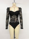 Lace lace patchwork square collar jumpsuit