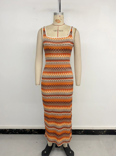 Sling skirt with slit jacquard geometric stripe dress