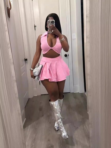 Flip collar V-neck threaded short top and skirt two-piece set