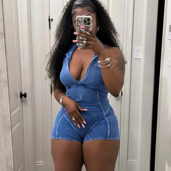 Threaded distressed collar tight jumpsuit
