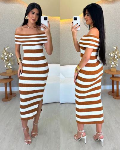 Contrast striped one shoulder dress, off shoulder knitted long skirt