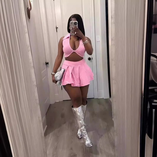 Flip collar V-neck threaded short top and skirt two-piece set