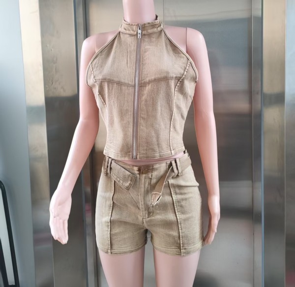 Cowboy Sleeveless Zipper Short Top Elastic Shorts Belt Set