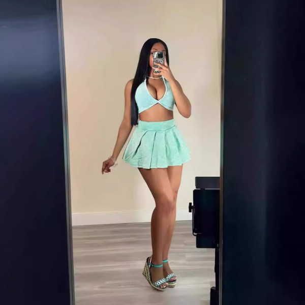 Flip collar V-neck threaded short top and skirt two-piece set