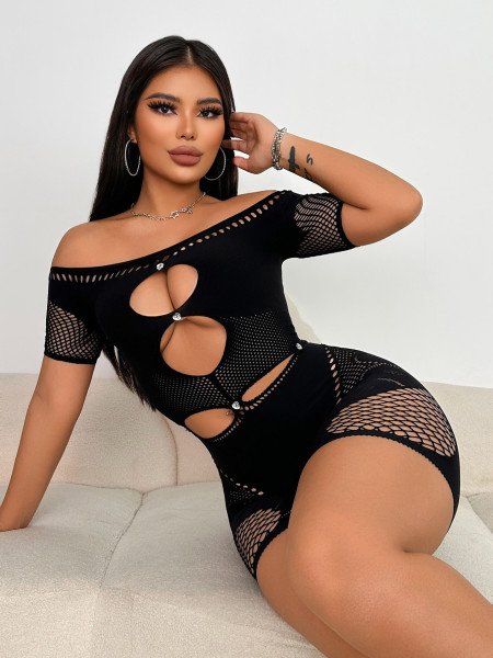 Lace hollowed out see through one shoulder strapless jumpsuit