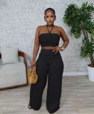 Set with drawstring and drawstring top, high waist, side zipper, loose pants, two-piece set