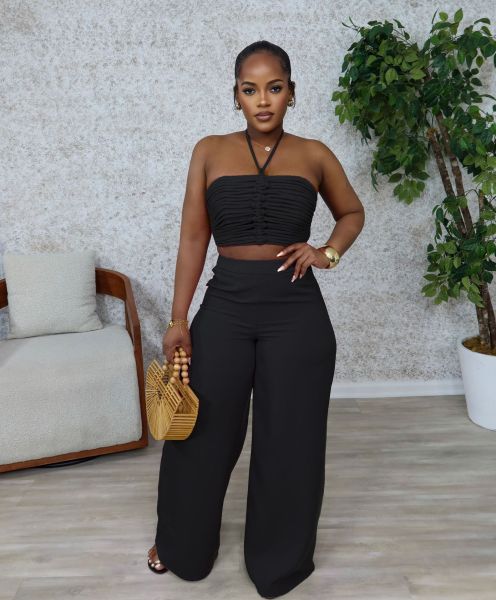 Set with drawstring and drawstring top, high waist, side zipper, loose pants, two-piece set