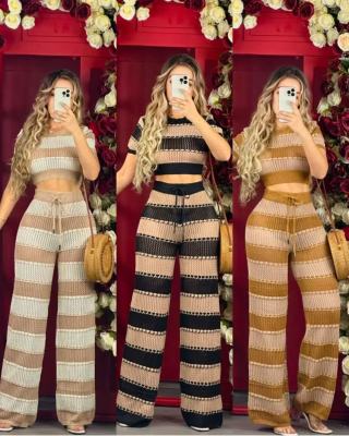 Color blocking striped hollow knitting set