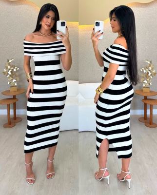 Contrast striped one shoulder dress, off shoulder knitted long skirt