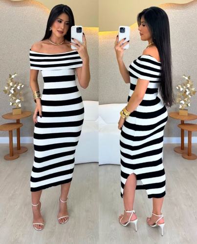 Contrast striped one shoulder dress, off shoulder knitted long skirt