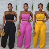 Set with drawstring and drawstring top, high waist, side zipper, loose pants, two-piece set
