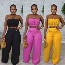 Set with drawstring and drawstring top, high waist, side zipper, loose pants, two-piece set