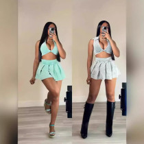 Flip collar V-neck threaded short top and skirt two-piece set