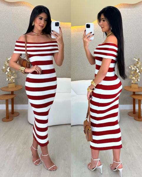 Contrast striped one shoulder dress, off shoulder knitted long skirt