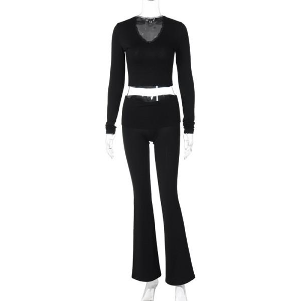 Long sleeved lace V-neck short top, high waisted long pants set