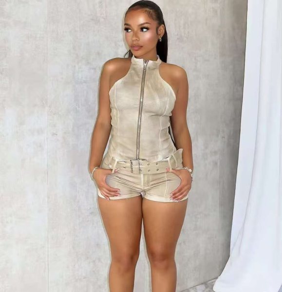 Cowboy Sleeveless Zipper Short Top Elastic Shorts Belt Set