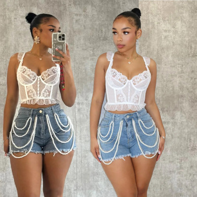 Pearl rhinestone shorts denim shorts