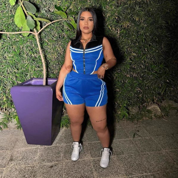 Striped patchwork contrasting sleeveless elastic sports two-piece set