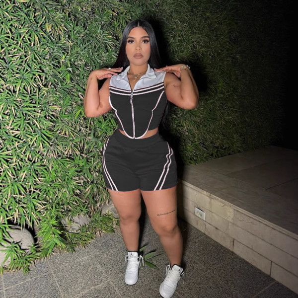 Striped patchwork contrasting sleeveless elastic sports two-piece set